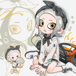 Rule 34 | 1girl, :o, black bow, black hairband, black shorts, boots, bow, bow hairband, chibi, chibi inset, commentary, cross-laced footwear, dot nose, full body, grey hair, grey trim, hair bow, hairband, hg swdiary, highres, looking at viewer, medium hair, nintendo, octoling, octoling girl, octoling player character, octopus, range blaster (splatoon), shirt, short shorts, shorts, sitting, splatoon (series), splatoon 3, symbol-only commentary, tentacle hair, wariza, white background, white footwear, white shirt, yellow eyes, zoom layer
