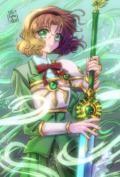 Rule 34 | 1girl, armor, armored dress, bow, bowtie, brown hair, brown hairband, clamp (style), closed mouth, cowboy shot, dated, green background, green eyes, green jacket, green skirt, green theme, hairband, holding, holding sword, holding weapon, hououji fuu, jacket, left-handed, looking at viewer, magic knight rayearth, official style, parted bangs, red bow, red bowtie, round eyewear, school uniform, short hair, signature, skirt, smile, solo, standing, sword, tuka ryo, weapon, wind