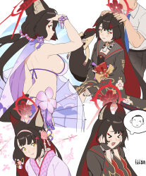 Rule 34 | &gt; &lt;, 1boy, 1girl, animal ear fluff, animal ears, doodle sensei (blue archive), artist name, bikini, black gloves, black hair, black kimono, blue archive, blush, bow, breasts, cape, closed mouth, collared shirt, colored inner hair, eyeshadow, faceless, faceless male, fikkyun, fingerless gloves, fox ears, fox girl, fox tail, gloves, grey pants, grey shirt, halo, hand in own hair, highres, japanese clothes, kimono, long hair, long sleeves, low twintails, makeup, medium breasts, multicolored hair, multiple views, oil-paper umbrella, open mouth, pants, sensei (blue archive), shirt, signature, smile, swimsuit, tail, tail bow, tail ornament, thought bubble, twintails, umbrella, wakamo (blue archive), wakamo (swimsuit) (blue archive), white background, white kimono, wide sleeves, yellow eyes