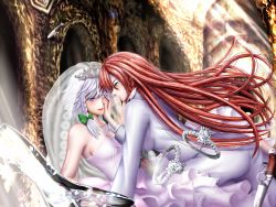Rule 34 | 2girls, ass, bridal veil, bride, couple, dress, formal, glass, glass slipper, hand on another&#039;s cheek, hand on another&#039;s face, hong meiling, izayoi sakuya, jewelry, knife, long hair, multiple girls, red hair, redoredo (godprogress), ring, strapless, strapless dress, suit, tiara, touhou, veil, very long hair, wedding, wedding band, wedding dress, white dress, wife and wife, yuri