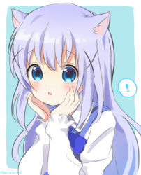 Rule 34 | !, 1girl, animal ears, blue background, blue eyes, blush, cat ears, commentary request, gochuumon wa usagi desu ka?, hair ornament, hands on own face, long hair, long sleeves, looking at viewer, mozukun43, open mouth, rabbit house uniform, solo, spoken exclamation mark, twitter username, two-tone background, white background, x hair ornament