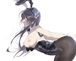 Rule 34 | 1girl, animal ears, bent over, black hair, black pantyhose, blue eyes, blush, breasts, breasts out, bright pupils, commentary request, cowboy shot, domotolain, fake animal ears, hair in own mouth, hair ornament, hairband, hairclip, half-closed eyes, leotard, leotard pull, medium breasts, nipples, pantyhose, perky breasts, playboy bunny, profile, rabbit ears, rabbit tail, sakurajima mai, seishun buta yarou, simple background, solo, sweat, tail, white pupils, wrist cuffs