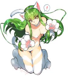 Rule 34 | !, 1girl, animal ears, animal hands, breasts, c.c., cat ears, cat paws, cat tail, cleavage, code geass, cosplay, creayus, fake animal ears, felicia (cosplay), felicia (vampire), green hair, large breasts, long hair, looking at viewer, pasties, simple background, solo, spoken exclamation mark, tail, thighhighs, twitter username, vampire (game), white background, white thighhighs, yellow eyes