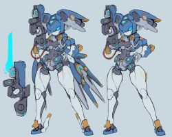 Rule 34 | 1girl, absurdres, bayonet, blue background, blue eyes, cable, energy blade, gun, hand on own hip, highres, holding, holding gun, holding weapon, humanoid robot, lcbutter, looking at viewer, mecha, original, robot, science fiction, weapon