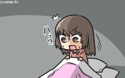 Rule 34 | !?, ^^^, 1girl, brown eyes, brown hair, commentary request, dated, hair down, hamu koutarou, highres, kantai collection, motion lines, naka (kancolle), open mouth, pajamas, pillow, solo, waking up
