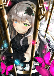 Rule 34 | 1girl, armlet, bare shoulders, black dress, black gloves, blush, breasts, bug, butterfly, cage, chain, choker, closed mouth, dress, flower, from above, gloves, hair flower, hair ornament, hairband, halter dress, halterneck, heterochromia, insect, jewelry, kinugasa yuuichi, long hair, looking at viewer, original, ring, sleeveless, smile, solo, standing, upper body, white hair