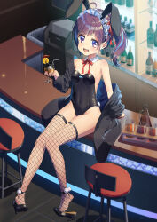 Rule 34 | 1girl, absurdres, ahoge, animal ears, bar (place), bar stool, black jacket, breasts, commentary request, counter, detached collar, drink, fake animal ears, fengmo ao, fishnet thighhighs, fishnets, full body, hanayori jyoshiryou, highres, jacket, kohigashi hitona, leotard, looking at viewer, maid headdress, open clothes, open jacket, open mouth, playboy bunny, purple eyes, purple hair, rabbit ears, rabbit tail, red ribbon, ribbon, shoe dangle, small breasts, solo, stool, tail, thighhighs, virtual youtuber