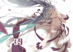 Rule 34 | 1girl, 39, aqua eyes, aqua hair, bare shoulders, blurry, bow, breasts, cleavage, collarbone, dress, female focus, floating hair, frilled dress, frills, from above, gradient hair, hair bow, hair ribbon, hand on own face, hatsune miku, highres, linfi-muu, long hair, looking at viewer, multicolored hair, open mouth, outstretched arm, ponytail, ribbon, shoulder strap, side ponytail, simple background, sketch, sleeveless, sleeveless dress, small breasts, smile, solo, strap, text focus, twintails, very long hair, vocaloid, white background, wind