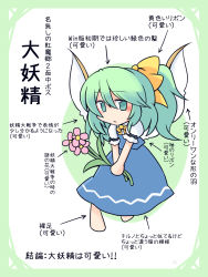 Rule 34 | 1girl, 216, arrow (symbol), barefoot, blue skirt, blue vest, daiyousei, fairy wings, flower, full body, green eyes, green hair, hair between eyes, highres, holding, holding flower, long hair, looking at viewer, open mouth, pink flower, ponytail, shirt, short sleeves, skirt, solo, standing, touhou, translation request, vest, white shirt, white wings, wings, yellow neckwear