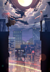 Rule 34 | 1boy, 1girl, absurdres, bad id, bad pixiv id, black dress, black pants, blurry, blurry background, brown hair, cityscape, cloud, dress, facing another, facing to the side, floating hair, full moon, highres, light particles, light trail, lights, long hair, macaronk, moon, night, original, outdoors, outstretched arm, pants, pink hair, shirt, sleeves rolled up, standing, string, string of fate, white shirt