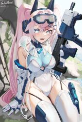 Rule 34 | 1girl, :d, arm support, bare shoulders, blue eyes, blue hairband, breasts, commentary request, commission, copyright request, covered navel, elbow gloves, fang, gloves, goggles, goggles on head, groin, gun, hair between eyes, hair ornament, hairband, hand up, highres, holding, holding gun, holding weapon, large breasts, leotard, long hair, looking at viewer, mecha musume, natori youkai, open mouth, pink hair, ponytail, signature, sitting, smile, solo, star-shaped pupils, star (symbol), star hair ornament, symbol-shaped pupils, thighhighs, very long hair, virtual youtuber, weapon, weapon request, white gloves, white leotard, white thighhighs