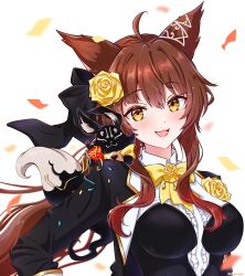 Rule 34 | 1girl, ahoge, animal ears, breasts, brown hair, commentary request, flower, fox ears, fumi (4th costume) (nijisanji), fumi (nijisanji), hair flower, hair ornament, highres, large breasts, long hair, mugimugigo, nijisanji, open mouth, ponytail, sidelocks, smile, solo, virtual youtuber, yellow eyes, yellow flower