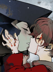 Rule 34 | 1boy, 1girl, asagi marin, bleeding, blood, blood on clothes, blood on face, blood on hands, brigadoon, brown hair, closed eyes, closed mouth, cropped, hand on another&#039;s face, injury, kaifei (kaifei 29), kiss, melan blue, parted lips