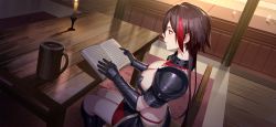 Rule 34 | 1girl, absurdres, arm guards, armor, black gloves, black hair, book, breasts, candle, cleavage, closed mouth, detached collar, dutch angle, from above, gloves, greaves, highres, indoors, large breasts, multicolored hair, open book, red eyes, rekaerb maerd, romantic saga of beauty &amp; devil, short hair, short hair with long locks, shoulder armor, sitting, skirt, solo, two-tone hair