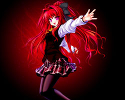 Rule 34 | 1girl, ahoge, bow, corticarte apa lagranges, floating hair, hair bow, hair intakes, long hair, long sleeves, looking at viewer, miniskirt, open mouth, outstretched arm, plaid, plaid skirt, ponytail, red background, red eyes, red hair, ribbon, shinkyoku soukai polyphonica, skirt, smile, solo, uniform, vest