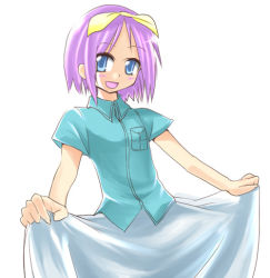 Rule 34 | 00s, 1girl, :d, blue eyes, blue skirt, cowboy shot, hane (hanegoya), hiiragi tsukasa, looking at viewer, lucky star, open mouth, outstretched arms, pink hair, short hair, simple background, skirt, smile, solo, white background