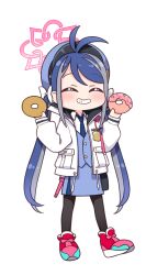 Rule 34 | 1girl, ^ ^, antenna hair, black pantyhose, blue archive, blue hair, blue hat, blue necktie, blue skirt, blue vest, cabbie hat, chibi, closed eyes, collared shirt, doughnut, drawstring, facing viewer, food, fubuki (blue archive), full body, grey hair, grin, halo, harada (sansei rain), hat, holding, holding food, jacket, long hair, multicolored hair, necktie, open clothes, open jacket, pantyhose, red footwear, shirt, shoes, simple background, skirt, smile, solo, standing, streaked hair, twintails, very long hair, vest, white background, white jacket, white shirt