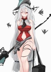 Rule 34 | 1girl, ;), arknights, arm behind back, bag, bare arms, bare shoulders, black neckwear, blue headwear, breasts, clothing cutout, commentary request, eyebrows hidden by hair, grey background, grey hair, hair between eyes, highres, holding, holding bag, inniyik, large breasts, leotard, long hair, navel, navel cutout, official alternate costume, one eye closed, red eyes, red leotard, simple background, skadi (arknights), skadi the corrupting heart (arknights), smile, solo, standing, tilted headwear, very long hair