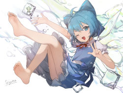 Rule 34 | 1girl, ahoge, artist name, ass, bare legs, barefoot, blue bow, blue eyes, blue hair, blue skirt, blue vest, bow, cirno, collared shirt, fairy, fang, feet, frozen frog, hair bow, highres, ice, ice cube, ice wings, legs, one eye closed, open mouth, shirt, short hair, short sleeves, signature, siyumu, skirt, smile, soles, solo, thighs, toes, touhou, v, vest, white shirt, wings