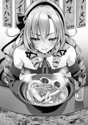 Rule 34 | + +, 1girl, blush, bowl, claw ring, cup, dress, drill hair, drooling, food, gloves, greyscale, hair between eyes, hair ribbon, hairband, highres, hyakumantenbara salome, hyakumantenbara salome (1st costume), long hair, long sleeves, looking at flowers, looking down, monochrome, nijisanji, noodles, own hands together, ramen, ribbon, sakayama shinta, solo, steam, sweat, translation request, virtual youtuber