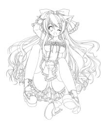Rule 34 | 1girl, animal ear fluff, animal ears, bow, breasts, cat ears, cat girl, cat hair ornament, cat tail, curly hair, dress, frilled dress, frills, hair bow, hair ornament, kamiya tomoe, large breasts, lineart, long hair, monochrome, one eye closed, open mouth, original, panties, shoes, sidelocks, simple background, sitting, smile, spread legs, tail, tail bow, tail ornament, thighhighs, underwear, white background