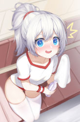 Rule 34 | 1girl, :d, ^^^, absurdres, blue eyes, blurry, blurry background, blush, bottle, breasts, buruma, collarbone, commentary request, depth of field, gluteal fold, gym shirt, hair between eyes, highres, holding, holding bottle, holding towel, honkai (series), honkai impact 3rd, indoors, looking at viewer, mo ying yu, nervous smile, nose blush, open mouth, ponytail, red buruma, shirt, short sleeves, silver hair, sitting, small breasts, smile, solo, theresa apocalypse, thigh gap, thighhighs, towel, white shirt, white thighhighs