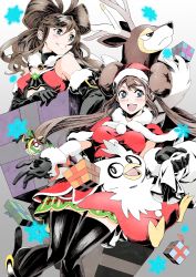Rule 34 | 2girls, black gloves, black legwear, blush, box, breasts, brown hair, christmas, commentary request, creatures (company), delibird, double bun, eyelashes, floating hair, game freak, gen 2 pokemon, gen 5 pokemon, gift, gift box, gloves, hair bun, hat, highres, hilda (pokemon), holding, holding sack, multiple girls, nintendo, official alternate costume, poke ball, poke ball (basic), pokemon, pokemon (creature), pokemon bw, pokemon masters ex, rosa (holiday 2019) (pokemon), rosa (pokemon), ryuusei (trickster), sack, santa costume, santa hat, sawsbuck, sawsbuck (winter), sidelocks, smile, snowflakes, thighhighs, twintails