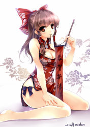 Rule 34 | 1girl, alternate costume, banner, bare legs, barefoot, bow, breasts, brown eyes, brown hair, calligraphy brush, china dress, chinese clothes, cleavage, cleavage cutout, clothing cutout, dress, female focus, floral background, flower, hair bow, hair tubes, hakurei reimu, half updo, hand on own thigh, hand on thigh, holding, legs, looking at viewer, mouth hold, new year, paintbrush, patterned, ribbon, rose, signature, sitting, sleeveless, smile, solo, string, touhou, wariza, windforcelan