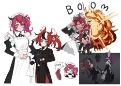 Rule 34 | alternate costume, animal ears, apron, black dress, blue eyes, butler, carrying, carrying person, dress, enmaided, eus ing, explosion, female butler, formal, frilled apron, frills, hakos baelz, heterochromia, highres, hololive, hololive english, horns, irys (hololive), long hair, maid, maid apron, maid headdress, monocle, mouse ears, mouse girl, multicolored hair, multiple girls, open mouth, pant suit, pants, pointy ears, puffy sleeves, purple eyes, purple hair, red hair, saw, streaked hair, suit, tailcoat, tuxedo, very long hair, virtual youtuber, waist apron, white apron, white background, wrist cuffs