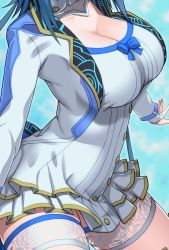 Rule 34 | 1girl, asamura hiori, blue hair, breasts, close-up, dress, head out of frame, highres, large breasts, mother (pso2), phantasy star, phantasy star online 2, short hair, solo, thigh strap