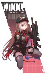 Rule 34 | 1girl, absurdres, assault rifle, beret, black gloves, black jacket, breasts, brown hair, brown thighhighs, bullet, closed mouth, copyright name, full body, fune (fune93ojj), gloves, goddess of victory: nikke, gun, hat, highres, holding, holding gun, holding weapon, jacket, large breasts, long hair, long sleeves, looking at viewer, necktie, one eye closed, open mouth, rapi (nikke), red necktie, rifle, solo, thighhighs, weapon