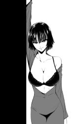 Rule 34 | 1girl, black bra, black hair, bra, breasts, cleavage, collarbone, come hither, fubuki (one-punch man), greyscale, kiyosumi hurricane, large breasts, lips, looking at viewer, monochrome, off shoulder, one-punch man, short hair, skindentation, smile, solo, underwear