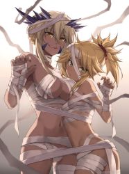 Rule 34 | 2girls, artoria pendragon (fate), artoria pendragon (lancer alter) (fate), ass, bandaged arm, bandaged hand, bandaged leg, bandaged neck, bandages, bare shoulders, blonde hair, breasts, commentary request, fate/grand order, fate (series), green eyes, hair between eyes, hair ornament, hair scrunchie, highres, large breasts, looking at viewer, mordred (fate), mordred (fate/apocrypha), multiple girls, nail polish, navel, ponytail, purple nails, red scrunchie, scrunchie, small breasts, teeth, tonee, upper teeth only