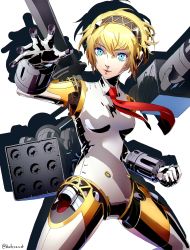 Rule 34 | 1girl, aegis (persona), android, blonde hair, blue eyes, breasts, datcravat, fighting stance, gloves, hair between eyes, hairband, highres, joints, mechanical parts, necktie, parted lips, persona, persona 3, robot, robot joints, short hair, simple background, solo, white background, white gloves
