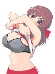 Rule 34 | 1girl, absurdres, blush, bra, breasts, brown eyes, brown hair, cleavage, clothes lift, crossed arms, girls und panzer, grey bra, headband, highres, kondou taeko, large breasts, lifted by self, looking at viewer, navel, red headband, red shirt, red shorts, shirt, shirt lift, shorts, simple background, sleeveless, sleeveless shirt, solo, sportswear, underwear, undressing, volleyball uniform, white background, yabai gorilla
