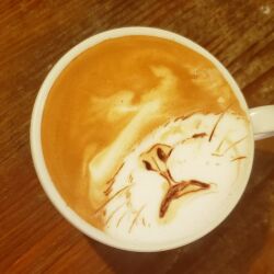 Rule 34 | animal, animal focus, cat, close-up, closed eyes, coffee, cup, drink, george (yamamoto kazuki), latte art, latte art (medium), no humans, original, photo (medium), solo, unconventional media