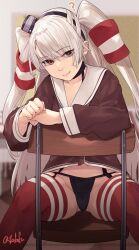 Rule 34 | 1girl, amatsukaze (kancolle), black panties, brown dress, chair, chalkboard, classroom, day, desk, dress, fuwafuwatoufu, garter straps, gloves, grey hair, grey neckerchief, hair tubes, hat, highres, indoors, kantai collection, lifebuoy ornament, lips, long hair, looking at viewer, mini hat, neckerchief, panties, red thighhighs, sailor dress, school chair, short dress, single glove, sitting, smile, smokestack hair ornament, solo, striped clothes, striped thighhighs, thighhighs, two side up, underwear, white hair
