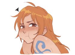 1girl :t ahoge bare_shoulders blush brown_eyes closed_mouth hashtag-only_commentary highres long_hair looking_at_viewer nami_(one_piece) oliviajtaylor20 one_piece orange_hair pout shoulder_tattoo simple_background single_sidelock solo squiggle tattoo upper_body wavy_hair white_background