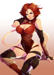 Rule 34 | 1girl, absurdres, annah, annah-of-the-shadows, armor, breasts, cleavage, dagger, demon girl, dungeons &amp; dragons, female focus, gradient background, green eyes, highres, jamadhar, knife, large breasts, leotard, planescape, planescape: torment, punch dagger, red hair, solo, tail, thighhighs, weapon, xdtopsu01