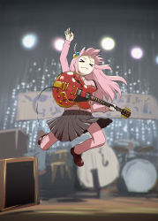 Rule 34 | &gt; &lt;, 1girl, back to the future, blurry, blurry background, bocchi the rock!, commentary, cube hair ornament, electric guitar, gotoh hitori, guitar, hair ornament, highres, holding, holding plectrum, instrument, jacket, jumping, long hair, pants, pants under skirt, parody, pink hair, plectrum, solo, stage, track jacket, track pants, track suit, ueyama michirou