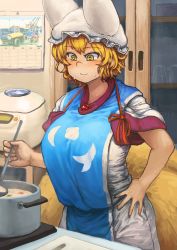 Rule 34 | 1girl, animal ears, animal hat, blonde hair, breasts, bright pupils, calendar (object), chanta (ayatakaoisii), cirno, clownpiece, cooking, cowboy shot, cutting board, daiyousei, dress, food, fox ears, fox tail, hand on own hip, hat, highres, holding, huge breasts, indoors, kitchen, lily white, long sleeves, luna child, mob cap, multiple tails, mob cap, pot, rice cooker, sleeves rolled up, smile, solo, standing, star sapphire, sunny milk, sweat, tabard, tail, touhou, white dress, wide sleeves, yakumo ran, yellow eyes
