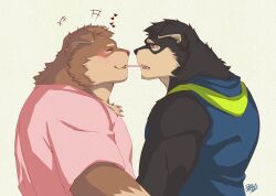 Rule 34 | 2boys, ^ ^, bara, black fur, blush, brown fur, closed eyes, dog boy, eating, food in mouth, from side, furry, furry male, furry with furry, happy, highres, hood, hood down, large pectorals, looking at another, loving aura, male focus, mature male, multiple boys, muscular, muscular male, original, pectorals, pink shirt, pocky, pocky day, pocky in mouth, shiriya k, shirt, short hair, sleeveless, sleeveless jacket, upper body, yaoi