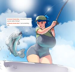 Rule 34 | 1girl, blue hair, blue sky, breasts, cloud, cloudy sky, cowboy shot, curvy, english text, erkaz, fish, fishing, fishing line, fishing rod, green headwear, green shirt, grey overalls, highres, holding, holding fishing rod, huge breasts, open mouth, original, outdoors, overall shorts, overalls, ponytail, red eyes, rina atherina, shirt, short sleeves, sky, solo, thick thighs, thighs