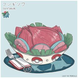 absurdres blue_background border bowl character_name creatures_(company) food food_focus foodification fork game_freak gen_1_pokemon highres ivysaur leaf lostinpencils meat nintendo no_humans pokemon reference_inset signature simple_background white_border