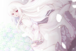 Rule 34 | 1girl, albino, commentary, dress, falling petals, flower, frilled dress, frills, from side, long hair, long sleeves, looking at viewer, looking to the side, open mouth, original, petals, purple ribbon, red eyes, ribbon, rose, sidelocks, sleeve ribbon, smile, tama1210, very long hair, white dress, white flower, white hair, white rose, wind