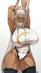 Rule 34 | 1girl, animal ears, armpits, batako (batakoart), boku no hero academia, breasts, commentary, covered abs, covered navel, crescent print, curvy, dark-skinned female, dark skin, english commentary, fur collar, gloves, hand on own arm, highleg, highleg leotard, highres, huge breasts, leotard, long eyelashes, long hair, looking at viewer, mirko, muscular, muscular female, one eye closed, parted bangs, purple thighhighs, rabbit ears, rabbit girl, red eyes, signature, sleeveless turtleneck leotard, solo, stretching, taut leotard, thick thighs, thighhighs, thighs, toned, very long hair, white background, white gloves, white hair, white leotard, wide hips