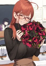 Rule 34 | 2girls, 92m, ^ ^, absurdres, ahoge, black sweater, bouquet, breasts, closed eyes, commentary request, flower, glasses, highres, holding, holding bouquet, large breasts, mature female, medium hair, multiple girls, original, red-framed eyewear, red flower, red hair, sanako (92m), smile, sweater, wreath