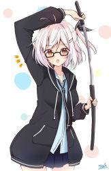 Rule 34 | 1girl, black-framed eyewear, black jacket, black necktie, blue shirt, blue skirt, breasts, collared shirt, commentary request, commission, cowboy shot, dress shirt, glasses, hair ornament, hairclip, holding, holding sheath, holding sword, holding weapon, jacket, katana, long sleeves, looking at viewer, necktie, one side up, open clothes, open jacket, open mouth, original, pixiv commission, pleated skirt, puffy long sleeves, puffy sleeves, red eyes, sheath, shirt, signature, simple background, skirt, small breasts, solo, sou (soutennkouchi), standing, sword, unsheathing, weapon, white background, white hair