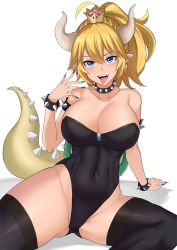 Rule 34 | 1girl, aori sora, arm support, armlet, ass, bare hips, bare shoulders, black leotard, black nails, black thighhighs, blonde hair, blue eyes, bowsette, bracelet, breasts, cleavage, collar, covered navel, crown, curvy, earrings, eyelashes, fingernails, hair between eyes, highres, horns, jewelry, large breasts, leotard, long fingernails, long hair, looking at viewer, mario (series), nail polish, new super mario bros. u deluxe, nintendo, open mouth, pointy ears, ponytail, sharp fingernails, sharp teeth, sitting, skin tight, smile, solo, spiked armlet, spiked bracelet, spiked collar, spiked shell, spiked tail, spikes, spread legs, strapless, strapless leotard, super crown, tail, teeth, thick thighs, thighhighs, thighs, tongue, tongue out, turtle shell
