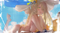 Rule 34 | 1girl, bare shoulders, basket, beach umbrella, betabeet, bikini, blonde hair, blue archive, blue sky, blush, breasts, green eyes, halo, hat, highres, large breasts, long hair, nonomi (blue archive), nonomi (swimsuit) (blue archive), open mouth, sky, smile, solo, sun hat, swept bangs, swimsuit, thighs, umbrella, white hat, yellow bikini